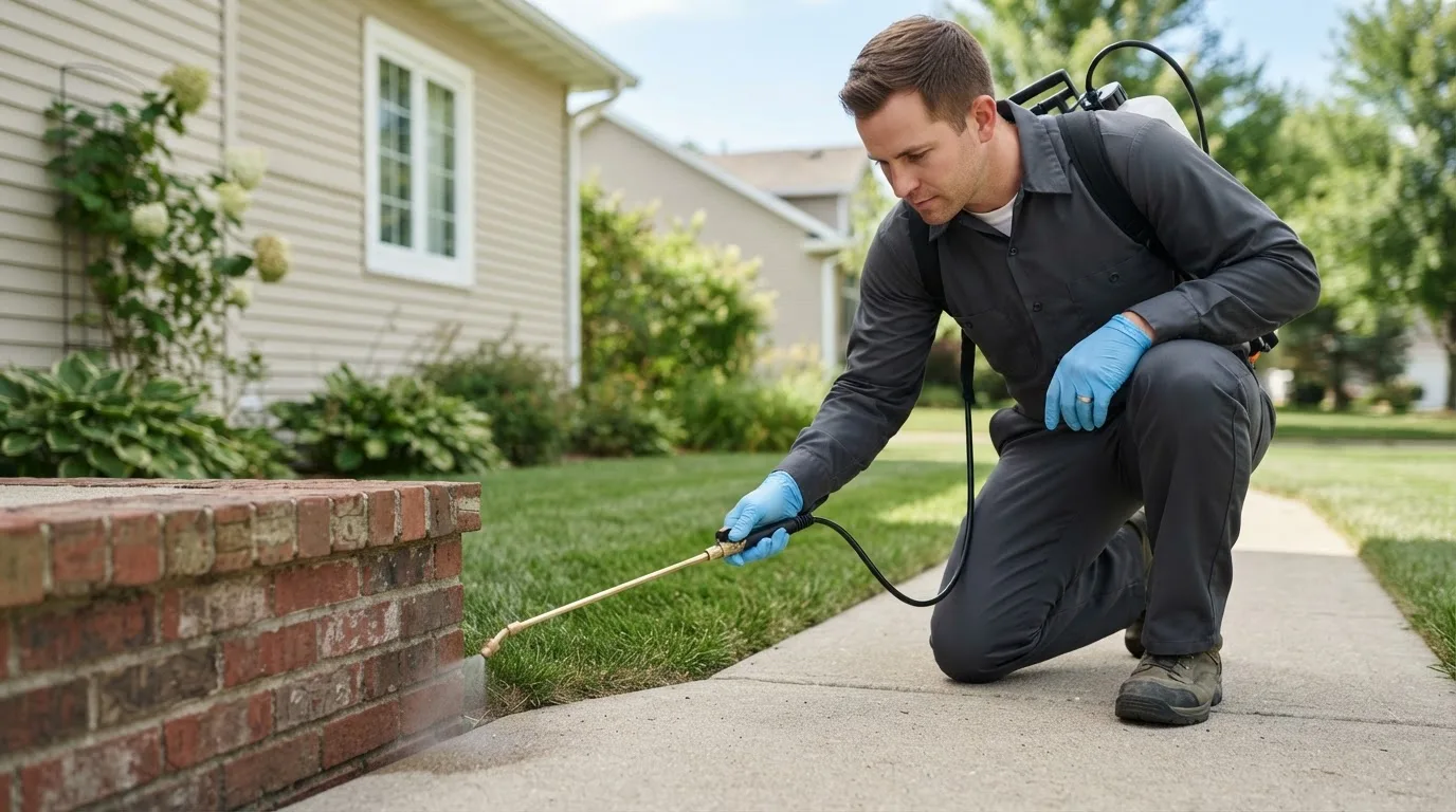 Pest control technician treating a home near Litchville, ND