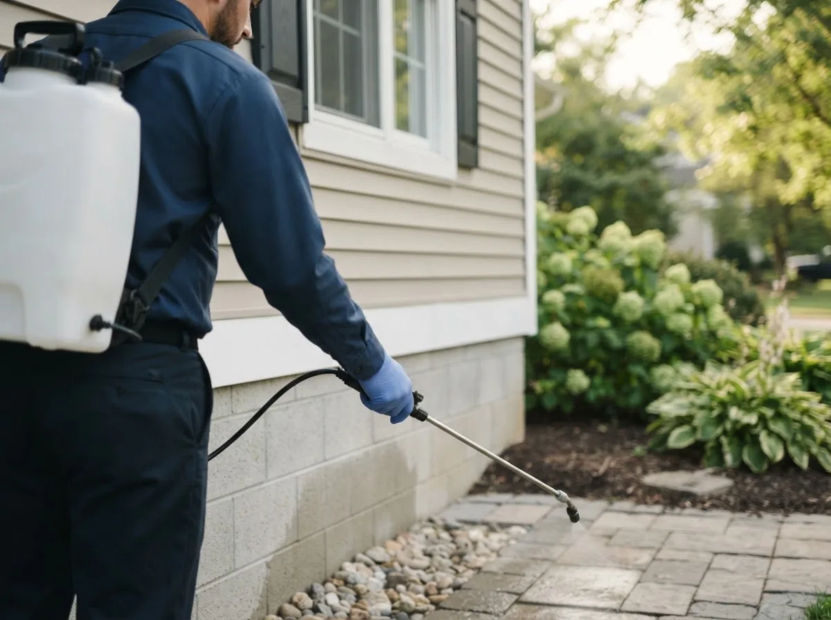 Pest control technician inspecting a home in Litchville, ND